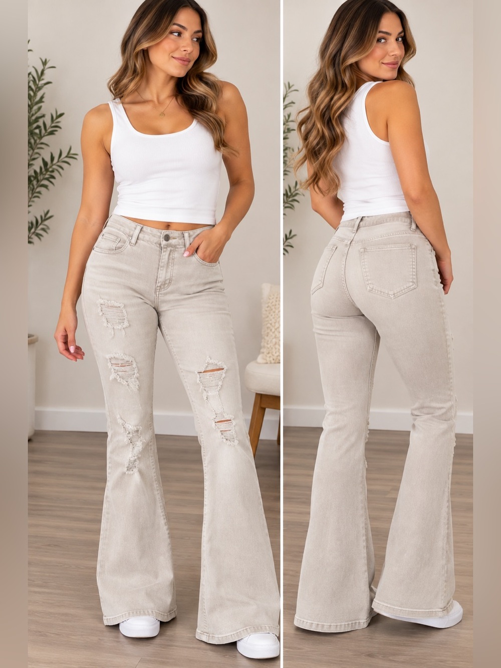 High-Waist Flare Jeans in Light Beige - Distressed Women's Jeans FOREVER21 Large